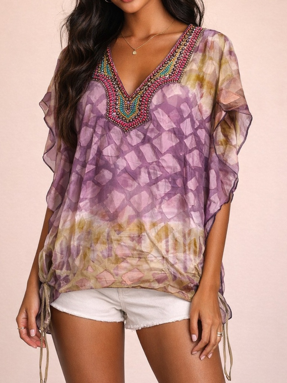 Hale Bob Silk Blend Beaded Boho Tunic Top Purple Multicolor Small
